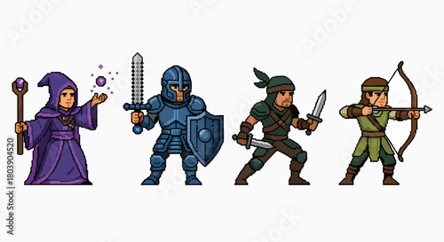 Pixel art fantasy role-playing game characters collection wizard knight archer rogue rpg game assets vector illustration flat design