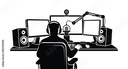 Professional streamer playing video games with microphone and dual monitors