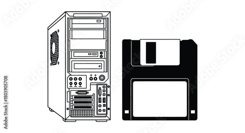 Vintage computer with floppy disk for retro technology design concept