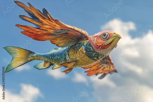 Unique depiction of a fish with wings soaring through a bright blue sky filled with clouds