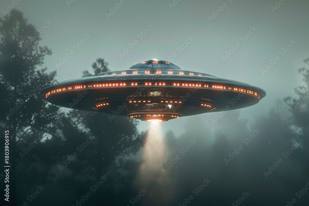 Fototapeta premium Oval UFO saucer hovering over beautiful landscape in deep dramatic sky