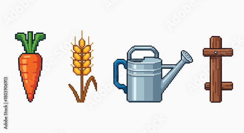 Pixel art farm elements carrot wheat watering can post vector illustration flat design retro vintage game asset agriculture gardening harvest graphic