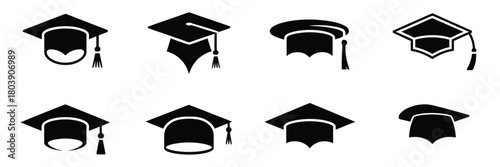 Black Graduation Cap Collection – Academic Hat Icons In Simple Minimal Vector Style, Education Ceremony Elements, Student Achievement Symbols For School, College, And University Illustration Use