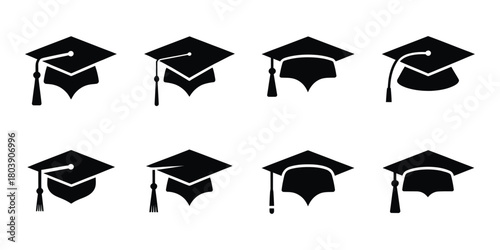 Black Graduation Cap Collection – Academic Hat Icons In Simple Minimal Vector Style, Education Ceremony Elements, Student Achievement Symbols For School, College, And University Illustration Use