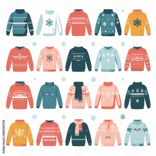A collection of various colorful ugly Christmas sweaters and winter jumpers with festive patterns and designs.