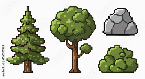 Pixel art natural landscape elements game assets isolated vector illustration flat design retro vintage nature environment collection