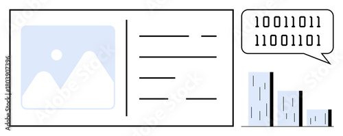 Binary speech bubble, bar charts, and photo placeholder with text lines representing data insights, coding, and tech visuals. Ideal for analytics, innovation, tech, AI research education digital