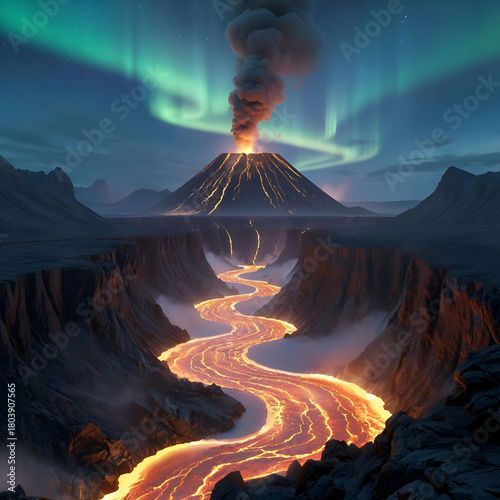 Landscape of erupting volcano. Lava bursting from volcano. Lava flowing onto the rocks