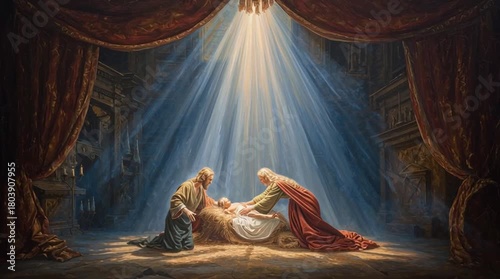 A grand, classical painting depicting the Nativity, with Mary and Joseph adoring Baby Jesus, bathed in a dramatic, divine light descending from above within a richly decorated interior, evoking profou