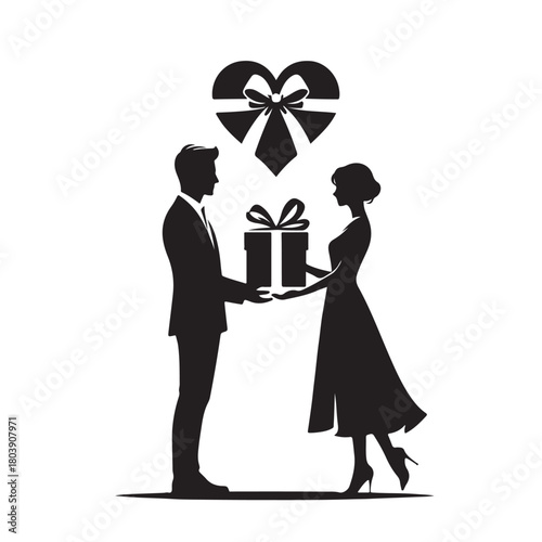 Couple exchanging a gift silhouette