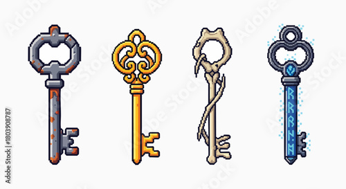 Collection of unique pixel art fantasy game keys rusty ornate bone magic vector illustration flat design retro vintage gaming