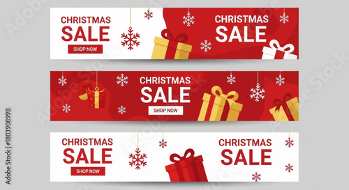 Set of three red and white Christmas sale web banners with festive gift boxes and snowflakes