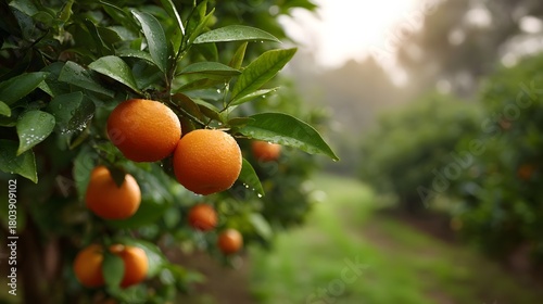 Ripe oranges hanging on a tree branch in a sunlit grove after a gentle rain