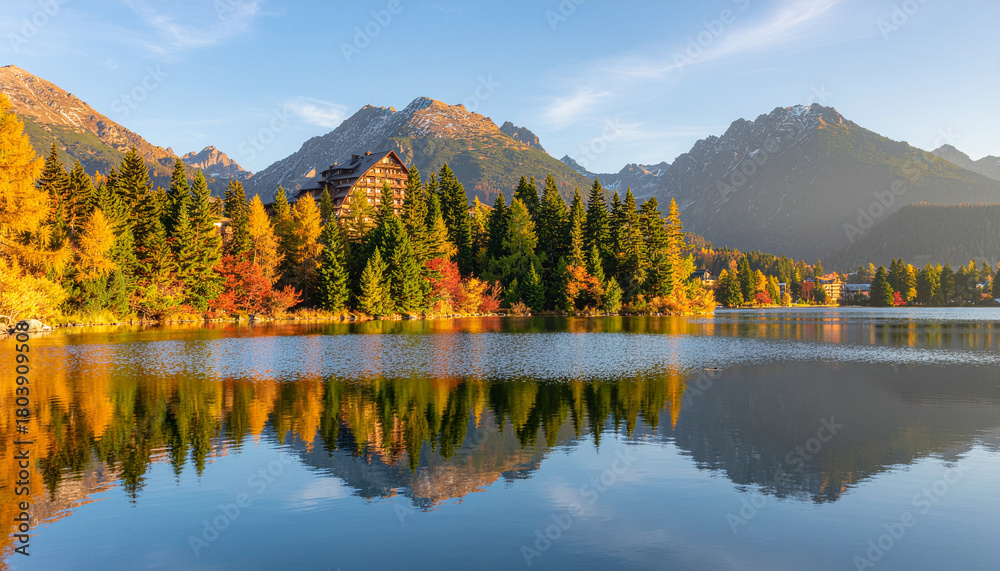 Fototapeta premium Still waters of a mountain lake reflect a shoreline resort, vibrant autumn trees, and the rugged peaks of the High Tatras in Slovakia.