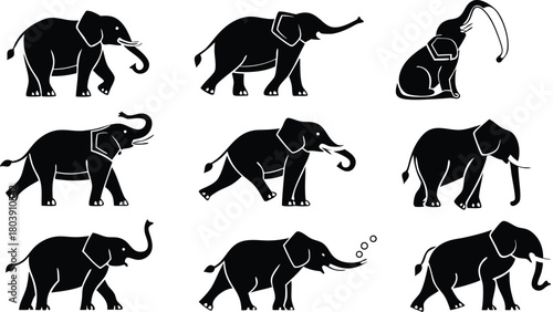 Elegant silhouettes of elephants in various poses, showcasing strength and grace, perfect for wildlife conservation projects and design elements