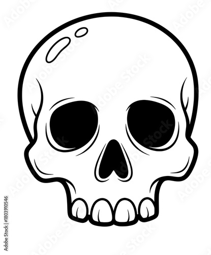 Skull illustration featuring bold outlines and exaggerated features, designed for coloring pages, showcasing a playful yet spooky aesthetic for creative activities