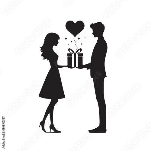 Couple exchanging a gift silhouette