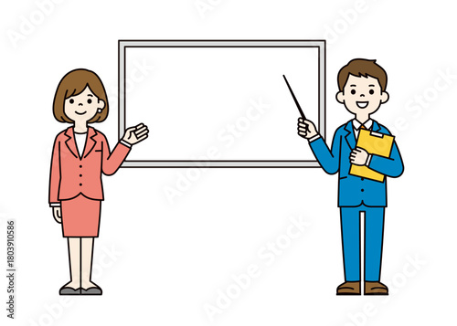 ホワイトボードと、指示棒を持って説明するビジネスマンの全身ベクターイラスト素材＿カラー