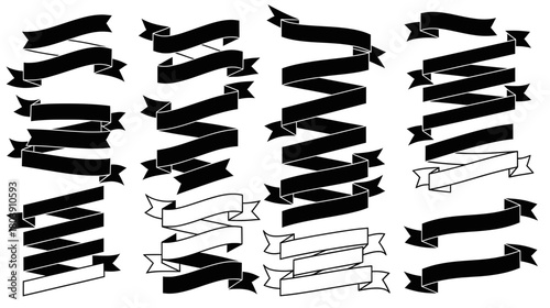 Collection of decorative ribbon illustrations featuring various styles, shapes, and orientations, suitable for coloring pages and creative design projects with copy space