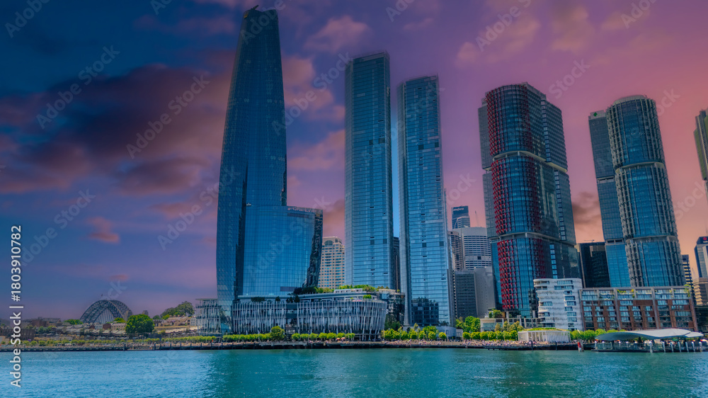 Obraz premium 18 November 2025 Panoramic night view of Sydney Harbour and City Skyline of NSW Australia beautiful colourful skies on a beautiful spring day