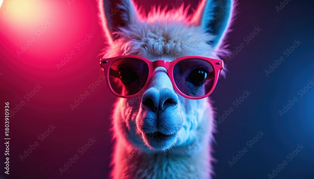 Naklejka premium Llama wears bright pink sunglasses in studio setting. Neon pink, blue lights illuminate fuzzy animal head. Looks cool, chill, funny, trendy. Alpaca poses for modern close up studio portrait.
