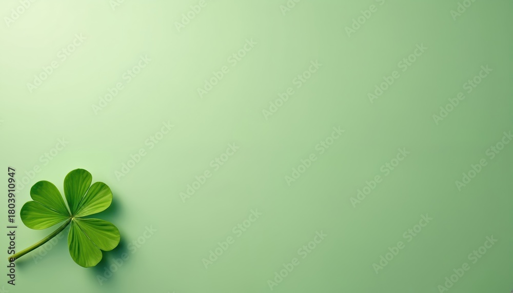 Naklejka premium Close-up of vibrant green four-leaf clover resting on pale sage background. Image offers ample negative space for design applications. Evokes themes of luck, springtime, good fortune. Stock photo