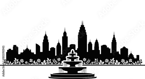 Modern city skyline with fountain and floral border