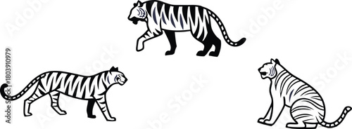 Majestic tigers in various poses, showcasing strength and elegance, perfect for wildlife themes and conservation projects, originally a vector graphic