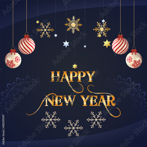  happy new year illustration with typography lettering and christmas ball