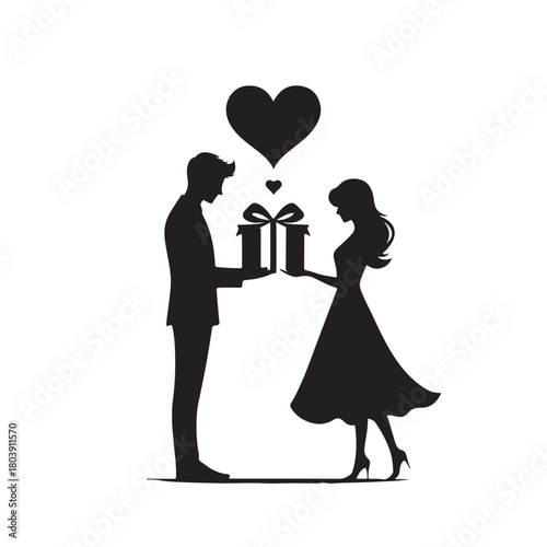 Couple exchanging a gift silhouette