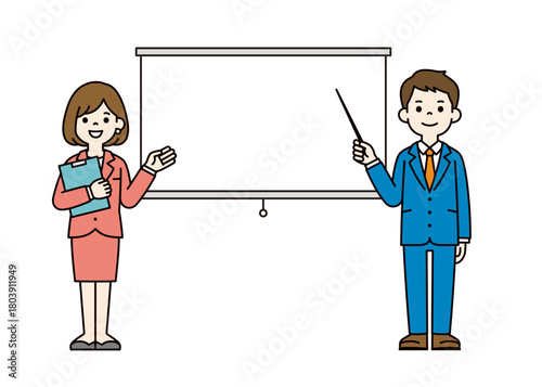 スクリーンと、ポインターを持って説明する男性社員の全身ベクターイラスト素材＿カラー