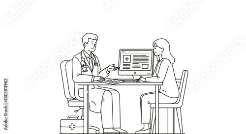 Doctor consults with patient about medical records on computer screen