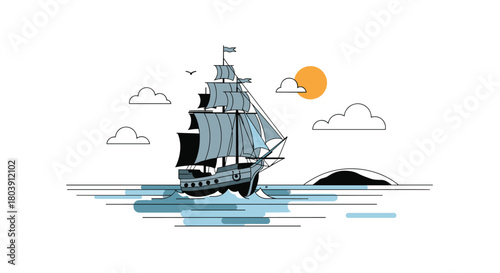 Majestic Tall Ship Sailing on the Open Ocean Under a Bright Sunny Sky