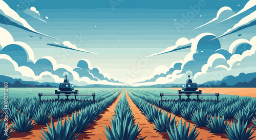 Vast Agricultural Field with Futuristic Harvesting Machines Under a Cloudy Sky