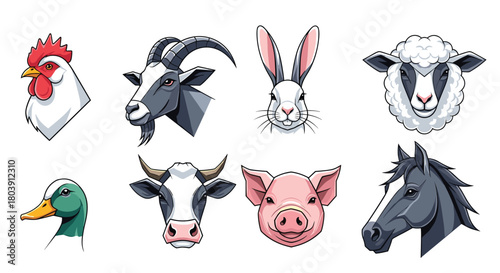 Collection of Farm Animal Heads Featuring Chickens Goats Rabbits Sheep Ducks Cows Pigs and Horses