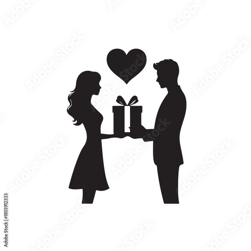 Couple exchanging a gift silhouette