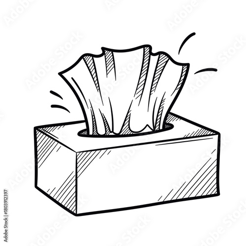 Tissue box symbolizing cold relief, hygiene, and seasonal illness care. Line art vector illustration, isolated on a transparent background