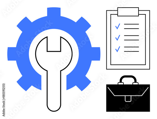 Gear and wrench symbolize tools and maintenance, checklist stands for tasks and organization, briefcase conveys business and professionalism. Ideal for business, project planning, workflow