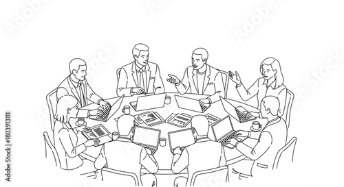 Dynamic business team brainstorming ideas at round table meeting