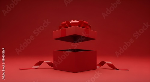 A red gift box with its lid floating above revealing a dark interior against a solid red background