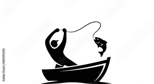 Excited fisherman reeling in a catch from boat on a sunny day icon