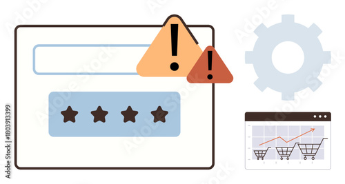 Warning signs highlight user interface issues atop a browser window with star ratings, gear icon, and shopping cart analytics. Ideal for ecommerce, security, feedback, data visualization, risk