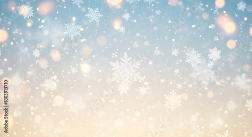 Soft focus winter wonderland with falling snowflakes and warm glowing bokeh lights creating a magical festive atmosphere