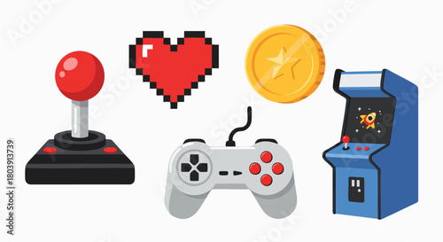 Retro gaming elements collection arcade heart coin controller machine vector illustration flat design pixel classic videogame entertainment console
