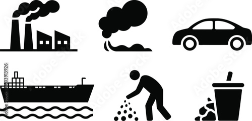 Environmental Pollution Icons: Industry, Transportation, Waste, Ecosystem Harm