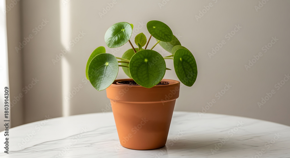 Fototapeta premium Pilea Plant in Terracotta Pot on Marble Table Background with Sunlight Shadows
