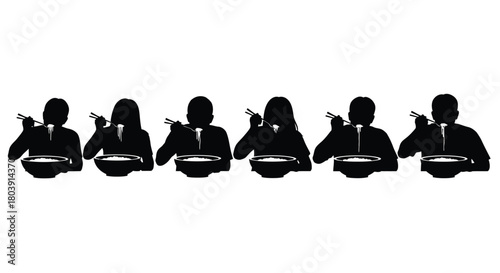 Silhouettes of people enjoying a delicious noodle meal together