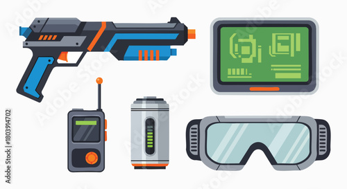 Sci-fi futuristic gadget set with VR and laser gun vector illustration flat design game elements technology device equipment virtual reality