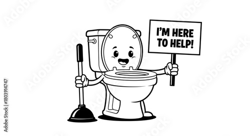 Friendly toilet character with plunger offers help for plumbing needs