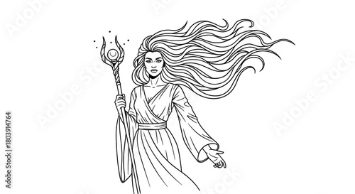 Powerful sorceress commands magic with flowing hair and staff